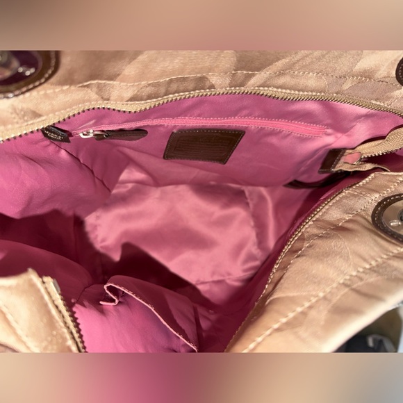 Coach Signature Stripe Khaki Satin Tote Bag Brown Leather Trim Style 14449 - Picture 3 of 16